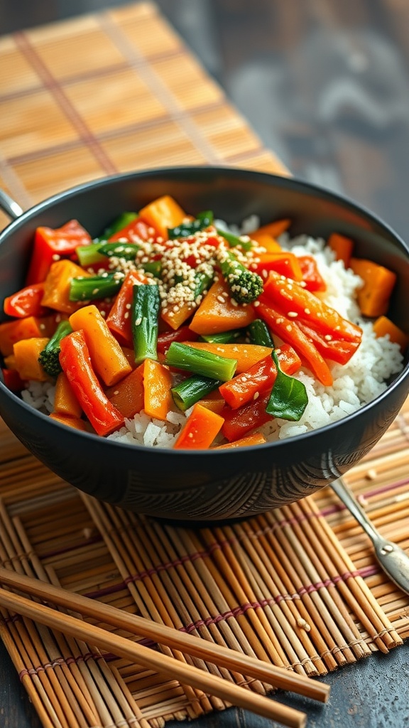 A colorful bowl of veggie stir-fry with rice