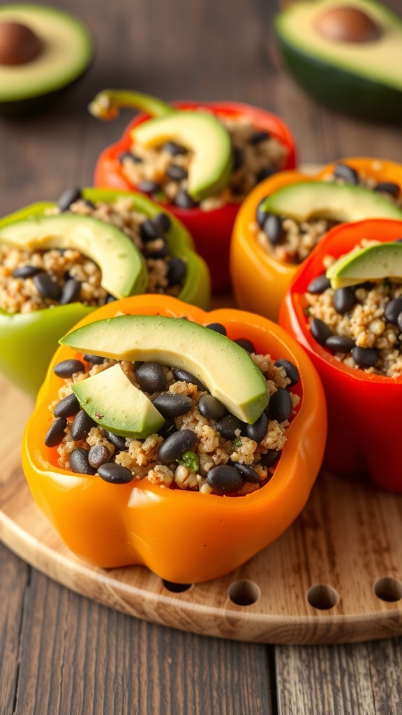 Colorful quinoa-stuffed bell peppers on a plate, showcasing a healthy meal prep option.