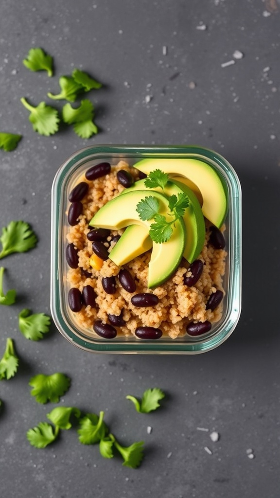 A healthy quinoa and black bean bowl topped with avocado slices and fresh herbs.
