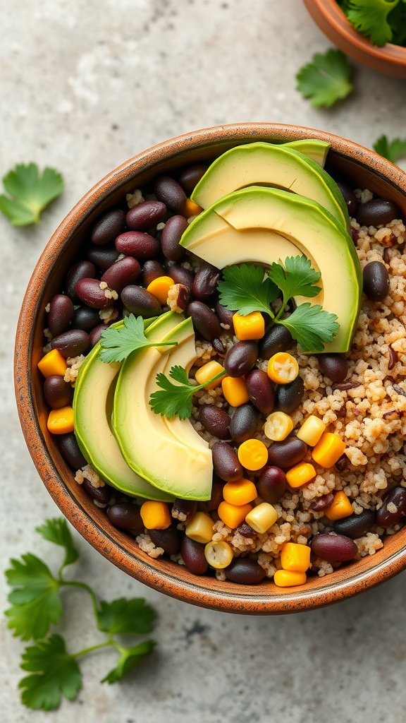 A colorful quinoa and black bean bowl with corn and avocado slices