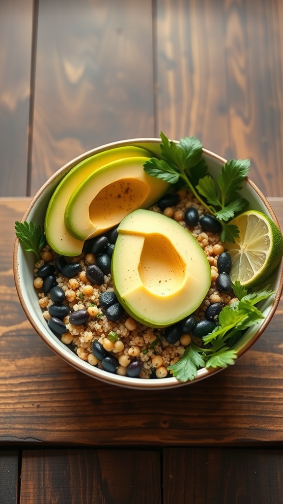A quinoa and black bean bowl topped with avocado slices and cilantro, served with lime wedges.