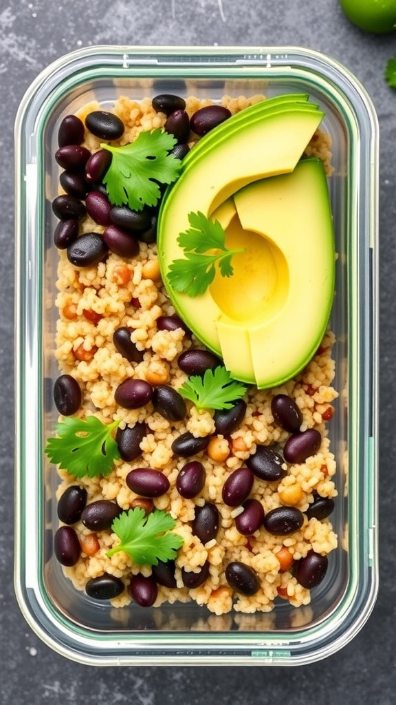 A healthy quinoa and black bean bowl with avocado and cilantro in a meal prep container.