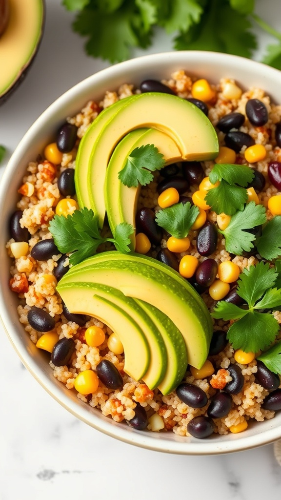 A colorful quinoa and black bean bowl topped with avocado slices and cilantro