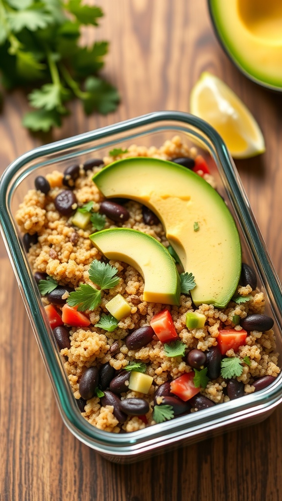 A bowl of quinoa and black beans topped with avocado slices and cilantro on a wooden table.