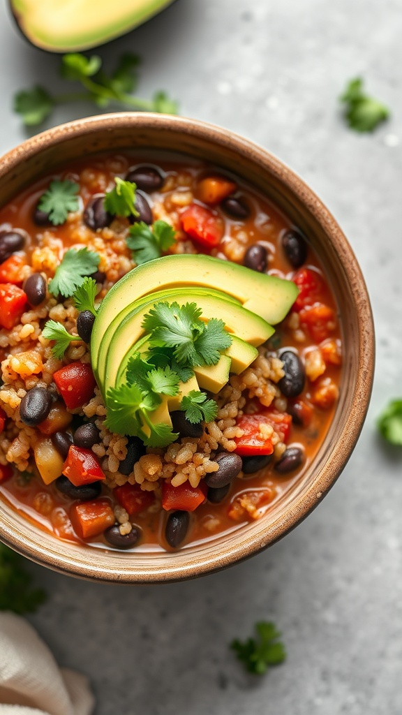 A bowl of quinoa and black bean chili topped with avocado and cilantro.