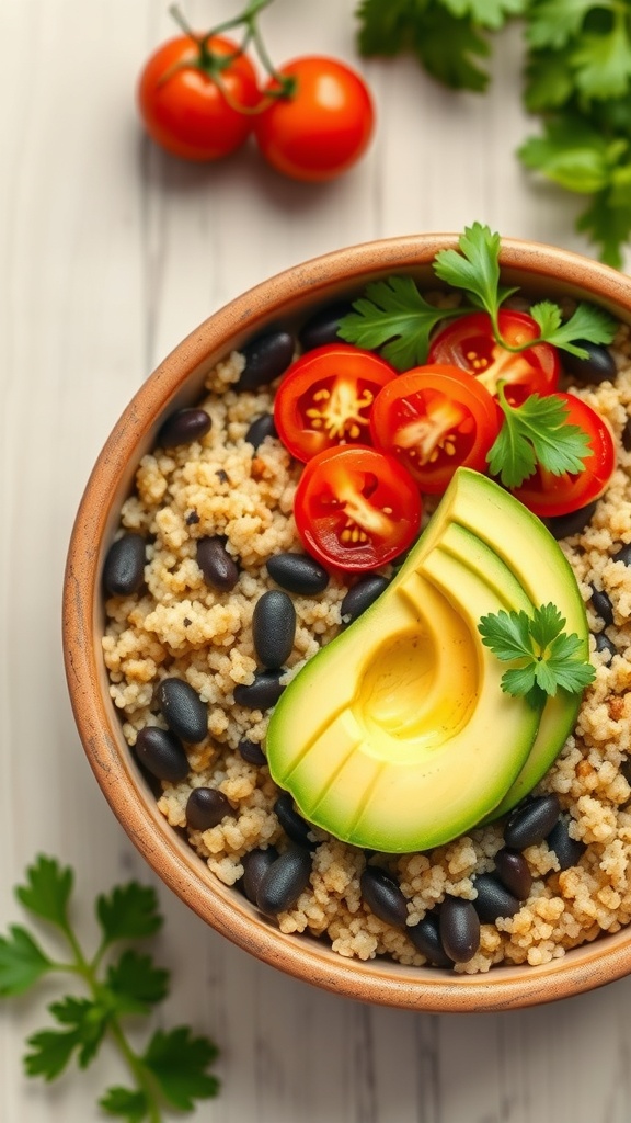 A colorful quinoa and black bean power bowl topped with avocado, cherry tomatoes, and cilantro.