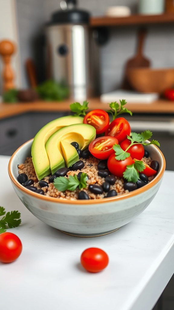 A colorful quinoa and black bean power bowl with avocado, cherry tomatoes, and cilantro.