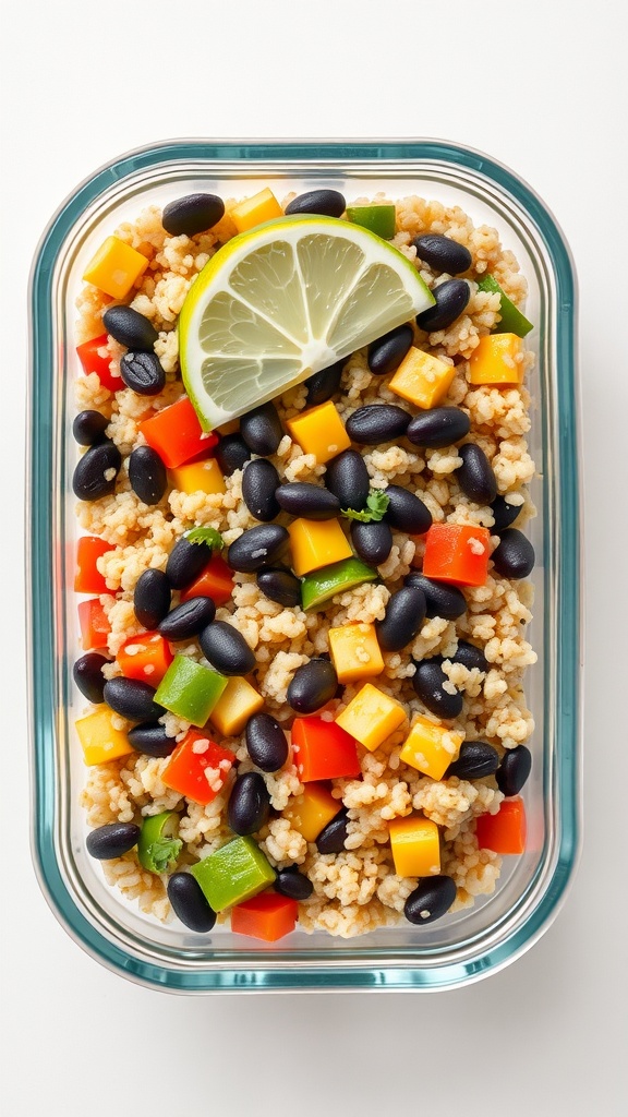 A colorful quinoa and black bean salad with fresh vegetables.