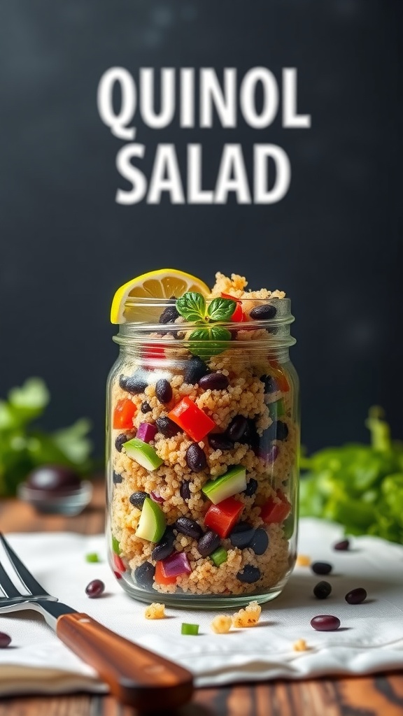 A jar filled with quinoa and black bean salad, showcasing vibrant vegetables.