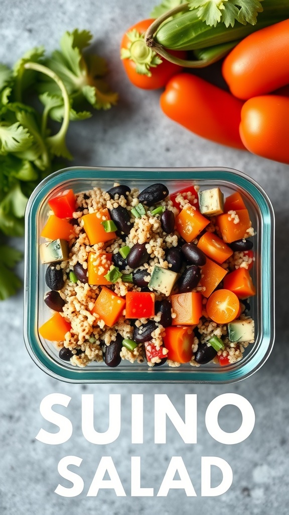 A colorful quinoa and black bean salad with diced vegetables.