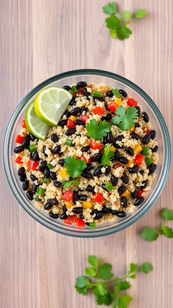 A vibrant quinoa and black bean salad with colorful peppers and lime wedges