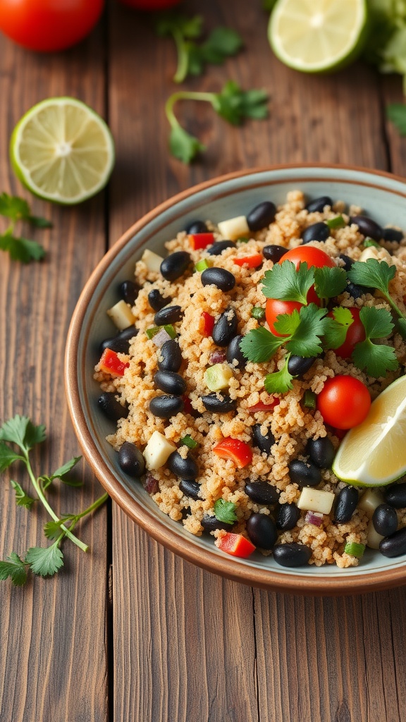 A colorful quinoa and black bean salad with cherry tomatoes and lime.