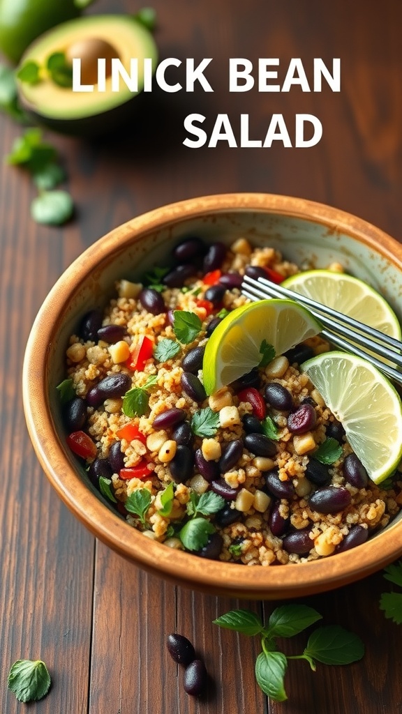 Quinoa and black bean salad in a bowl with lime slices.
