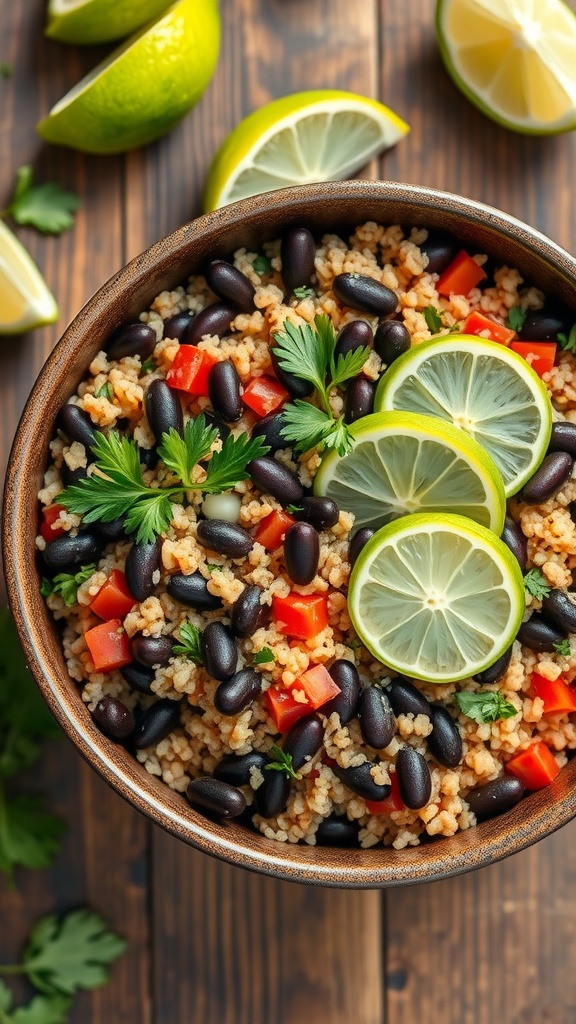 A bowl of quinoa and black bean salad garnished with lime and cilantro.