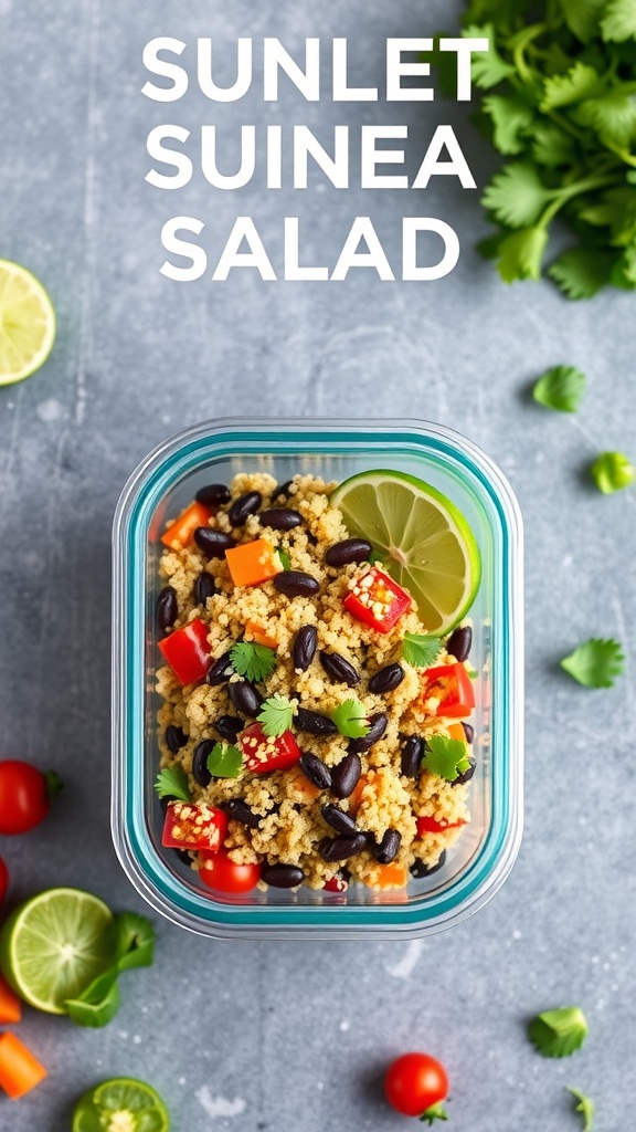 A colorful quinoa and black bean salad in a meal prep container, garnished with lime and cilantro.