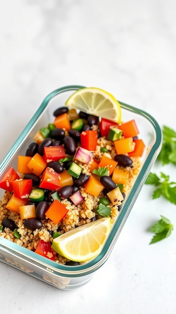 A colorful quinoa and black bean salad in a glass container with lemon slices on top.