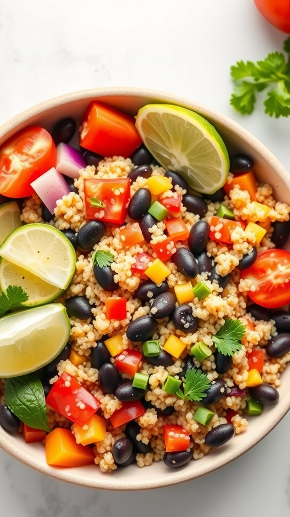 A colorful quinoa and black bean salad with fresh vegetables and lime slices.