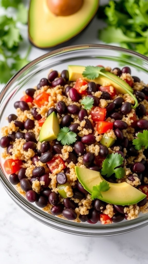 A colorful bowl of quinoa and black bean salad with avocado slices and fresh cilantro.