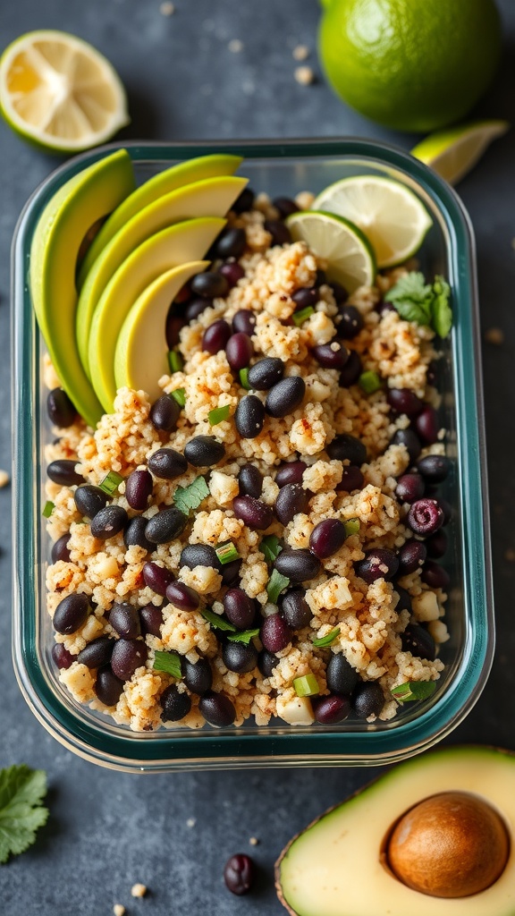 A colorful quinoa and black bean salad with avocado slices and lime wedges in a glass container.