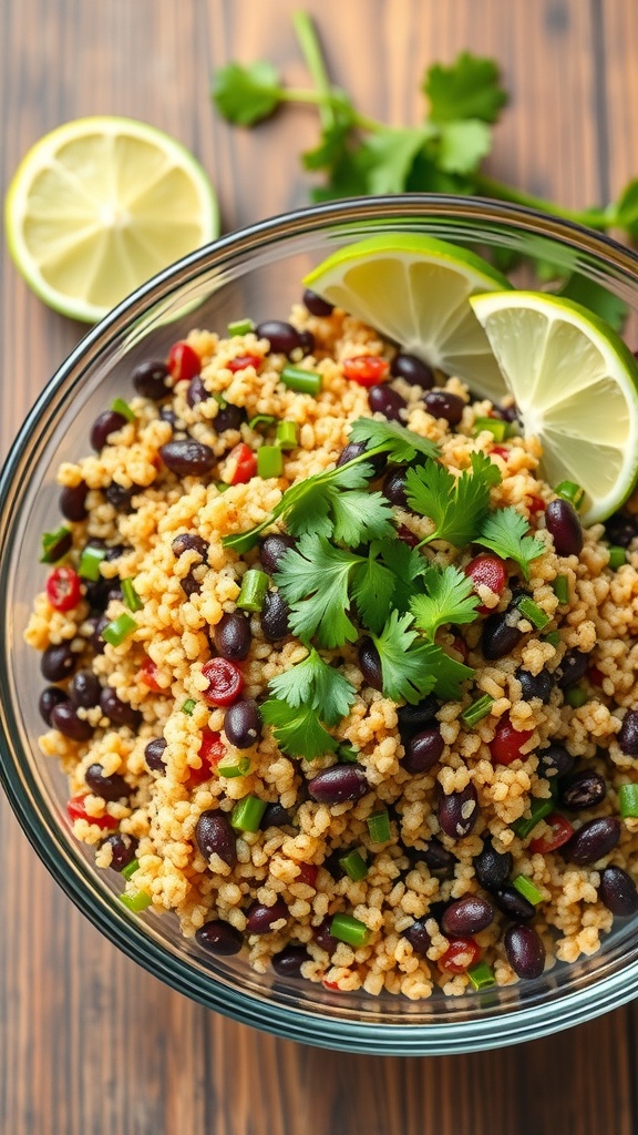 A bowl of quinoa and black bean salad with lime and cilantro garnishes.