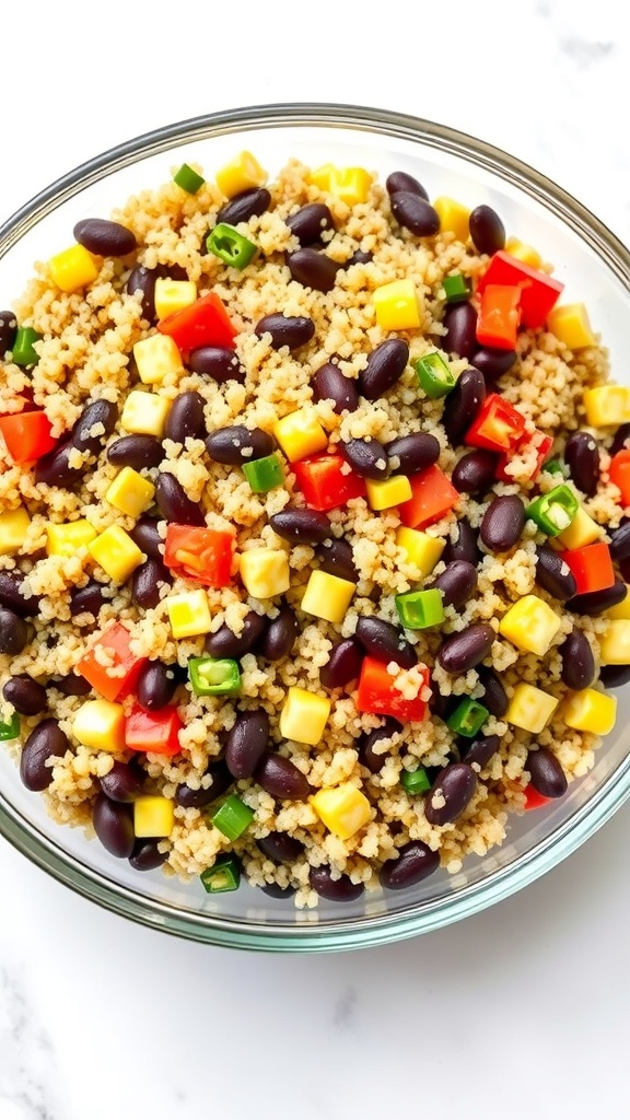 A bowl of quinoa and black bean salad with colorful bell peppers and green onions.