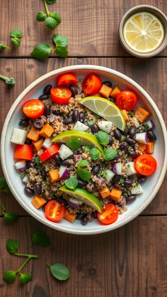 A colorful bowl of quinoa and black bean salad with fresh vegetables and lime.