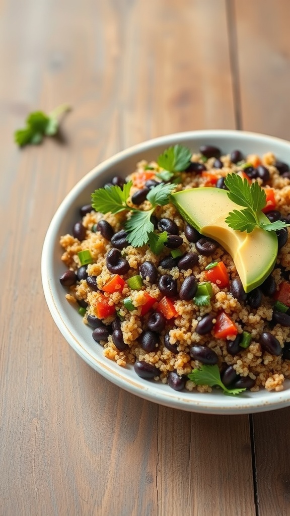 A bowl of quinoa and black bean salad with colorful vegetables and avocado on a wooden table.