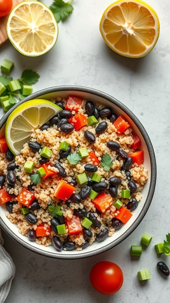 A bowl of quinoa and black bean salad with diced bell peppers, green onions, and lime slices.