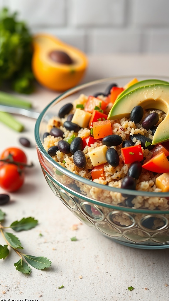 A healthy bowl of quinoa and black bean salad with colorful vegetables and avocado
