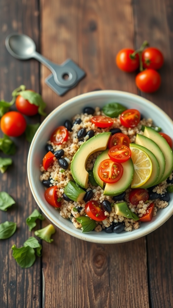 A vibrant bowl of quinoa and black bean salad with fresh vegetables and avocado.