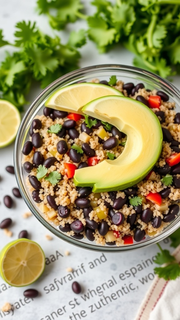 A bowl of quinoa and black bean salad topped with avocado slices, surrounded by fresh cilantro and lime.