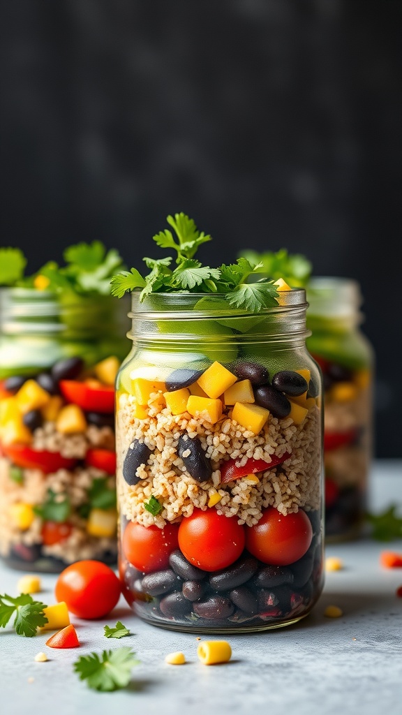 Colorful quinoa and black bean salad jars with fresh vegetables and herbs
