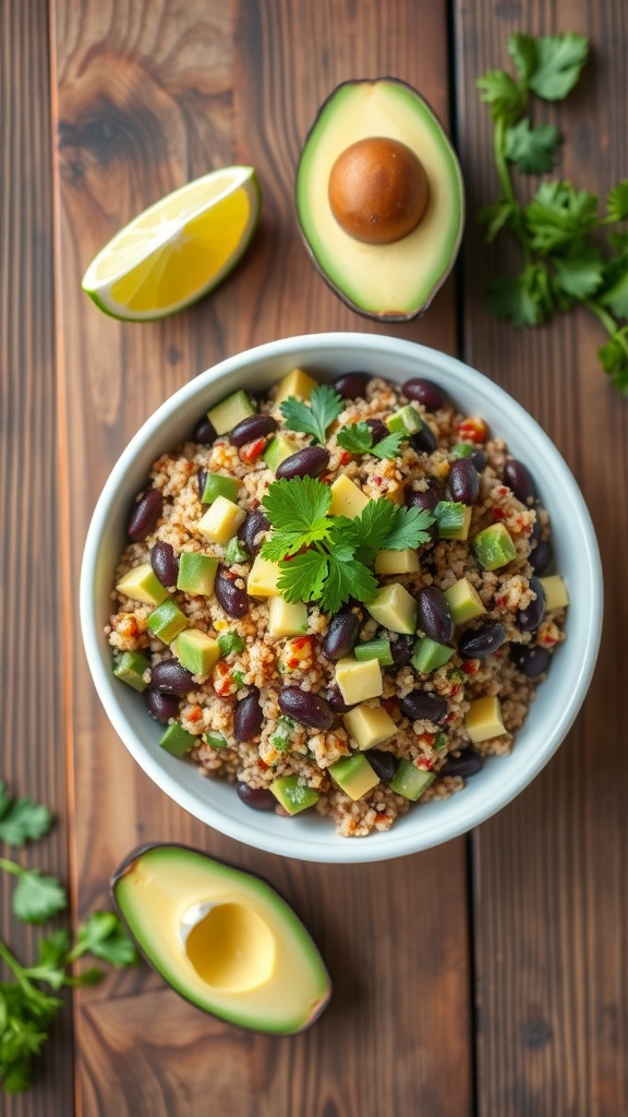Quinoa and black bean salad with avocado in a bowl, garnished with cilantro and lime.