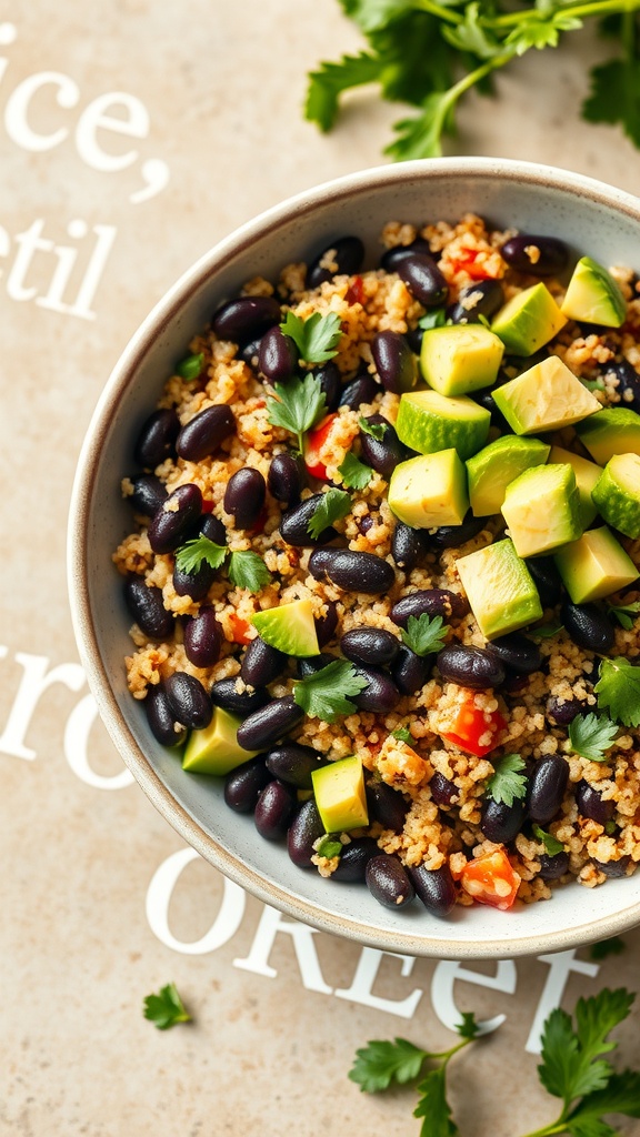 A bowl of quinoa and black bean salad topped with diced avocado and cilantro.