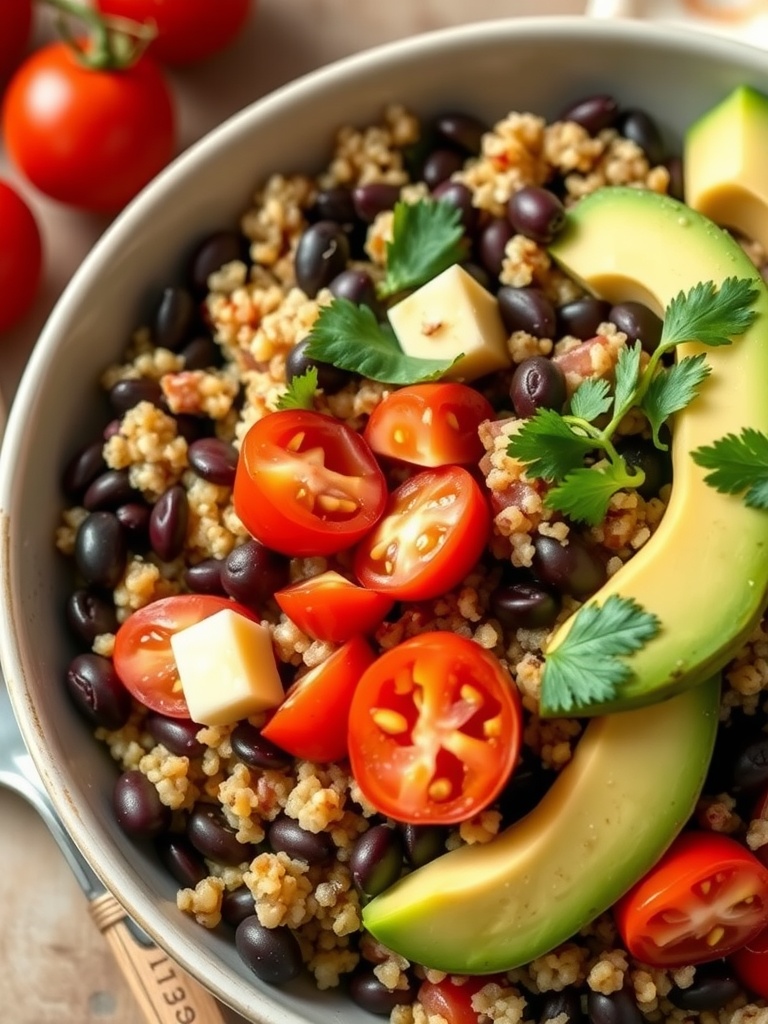 A vibrant quinoa and black bean salad with avocado, tomatoes, and cilantro.