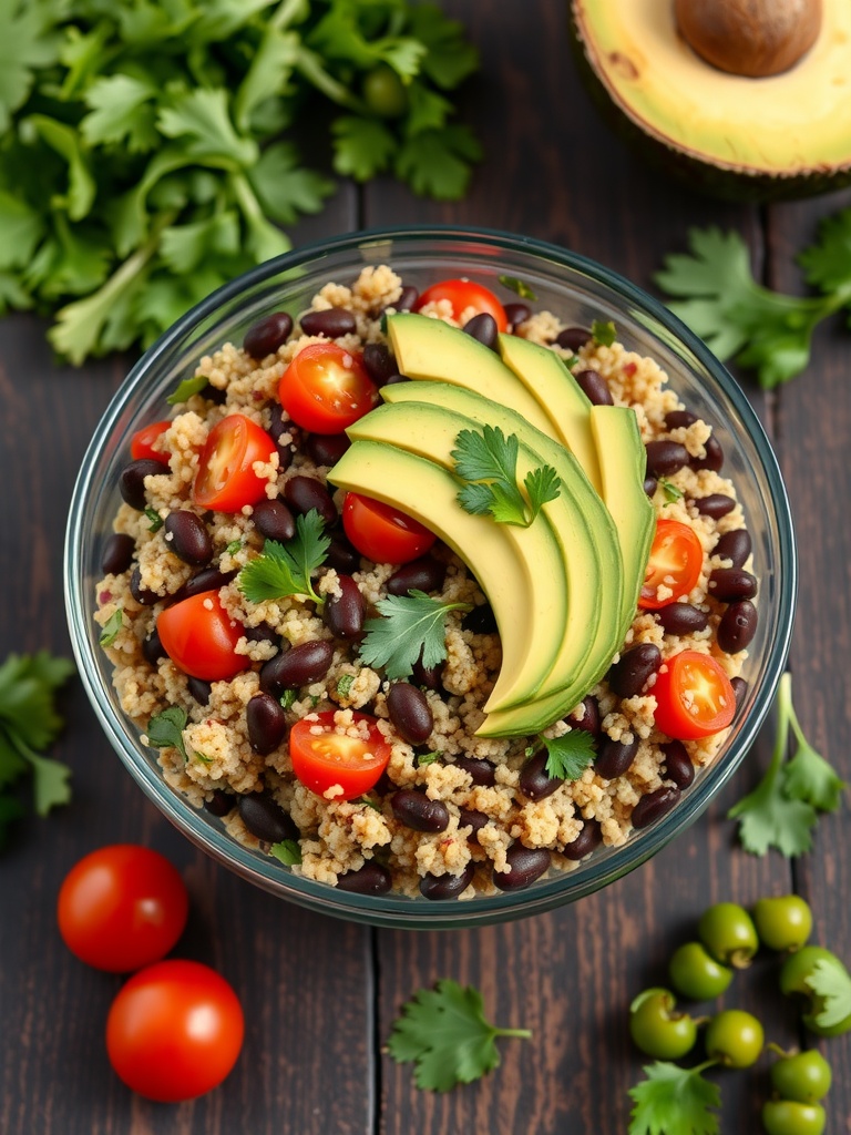 A bowl of Quinoa and Black Bean Salad with fresh ingredients like avocado and cherry tomatoes.