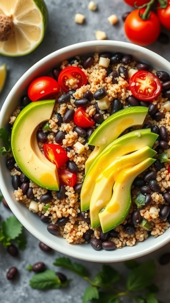 A bowl of Quinoa and Black Bean Salad with avocado slices and cherry tomatoes, garnished with lime.