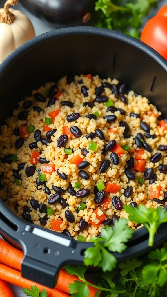 A vibrant bowl of quinoa and black bean stir-fry with colorful vegetables.