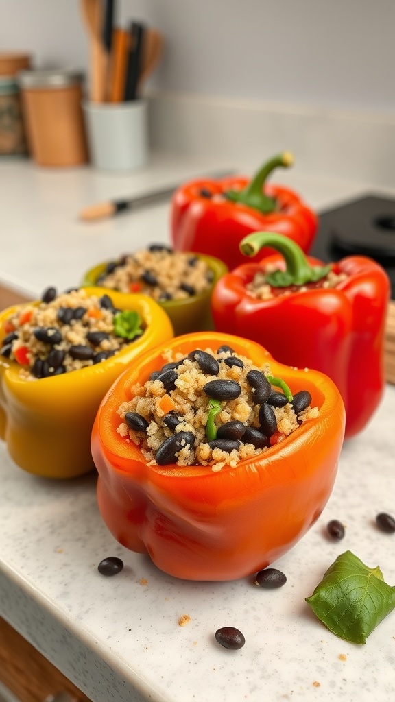 Colorful quinoa and black bean stuffed peppers on a kitchen counter.