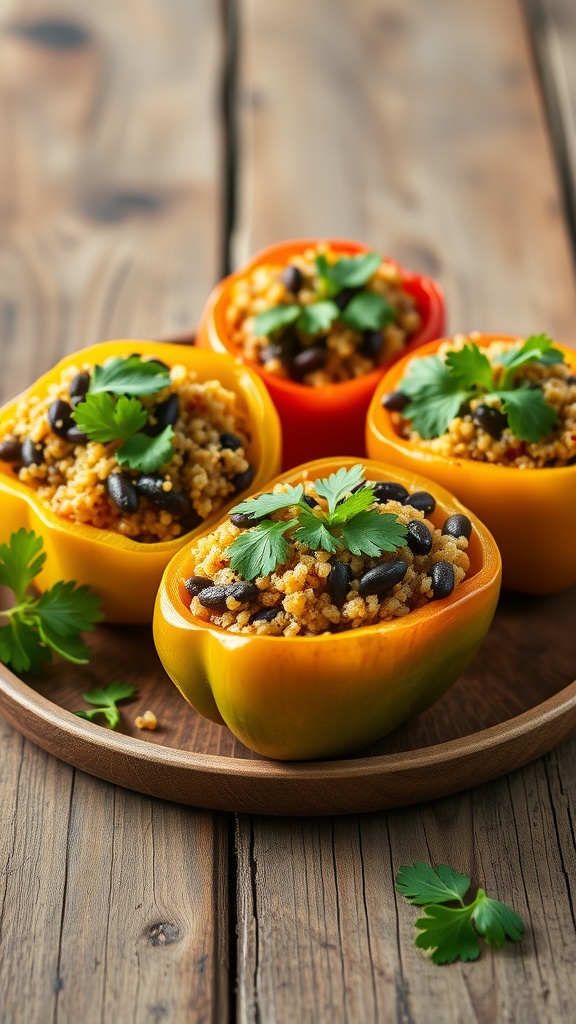 Quinoa and black bean stuffed peppers on a wooden table