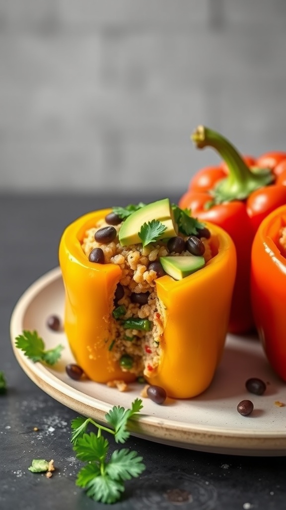 Stuffed bell peppers filled with quinoa, black beans, and fresh vegetables