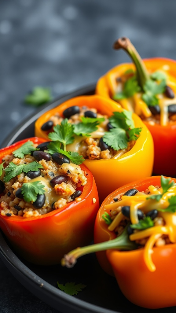Colorful stuffed bell peppers filled with quinoa, black beans, and topped with cheese.
