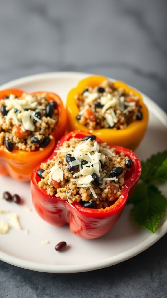 Colorful stuffed bell peppers filled with quinoa and black beans, topped with cheese.