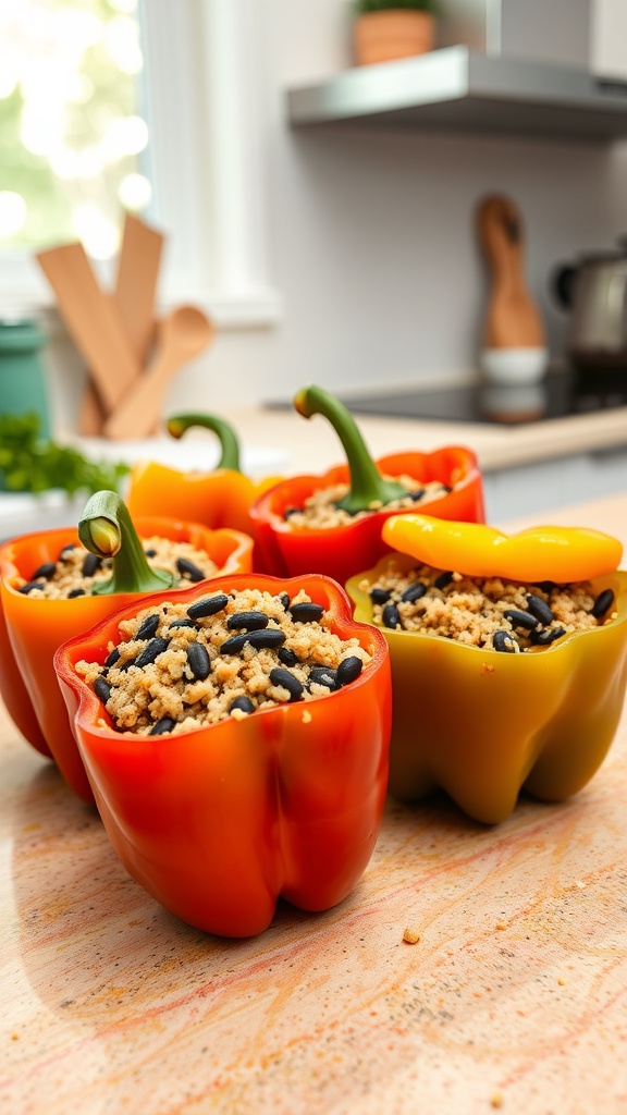 Colorful bell peppers stuffed with quinoa and black beans, ready to be baked.