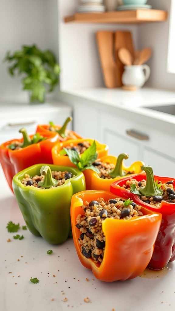 Colorful stuffed peppers filled with quinoa and black beans, ready for baking.