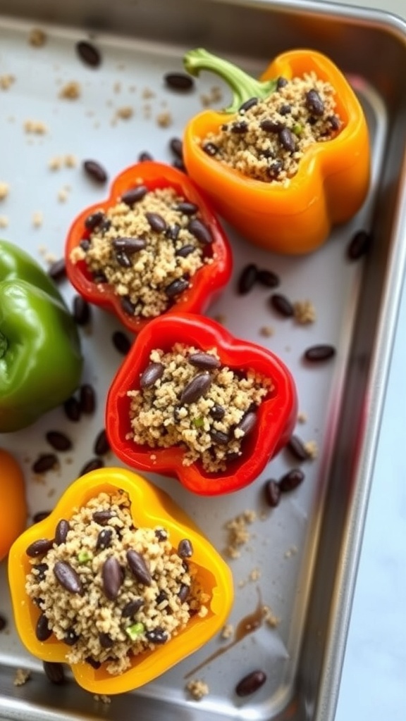Colorful bell peppers stuffed with quinoa and black beans on a baking tray.