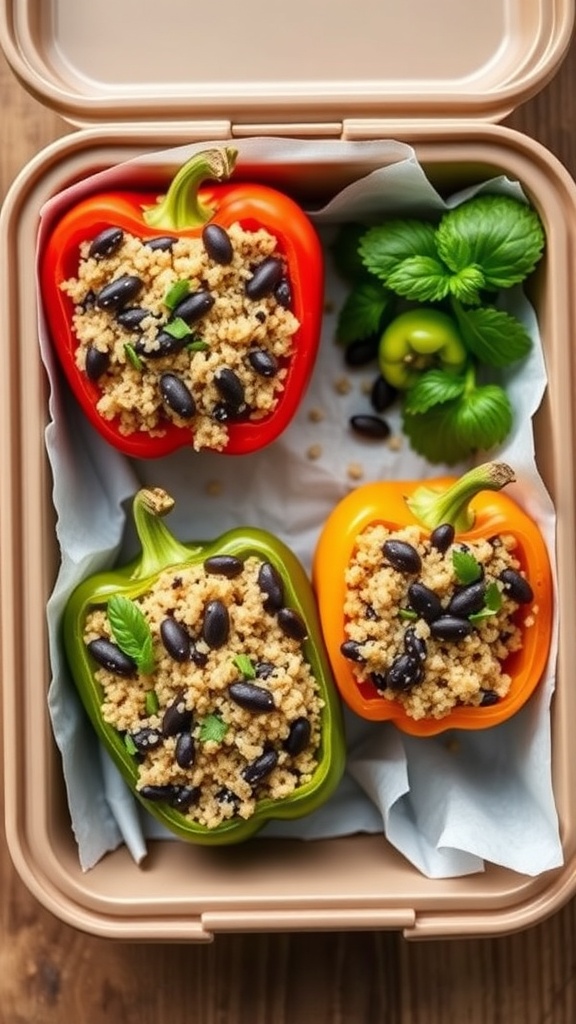 Three stuffed bell peppers filled with quinoa and black beans in a lunchbox
