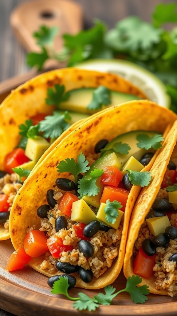 Quinoa and black bean tacos with fresh vegetables and cilantro