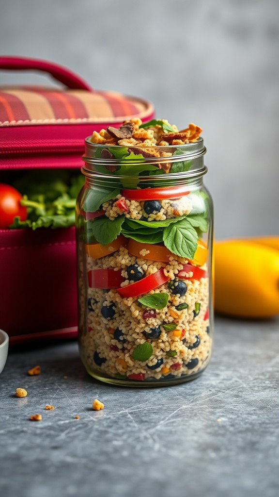 Quinoa salad in a jar with colorful vegetables and dressing