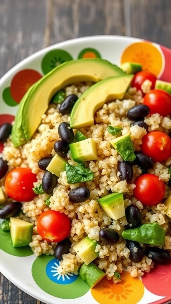 Quinoa salad with avocado, black beans, cherry tomatoes, and bell pepper